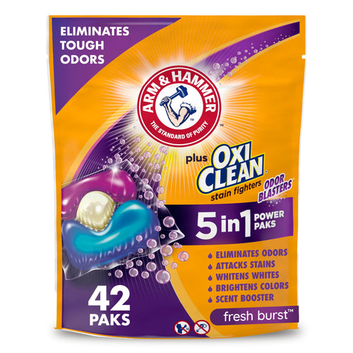 Front-facing pouch of ARM & HAMMER plus OxiClean 5-in-1 Power Paks packaging with product logo and colorful pod graphic