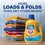 Arm & Hammer plus OxiClean detergent bottle beside a folded stack of colorful laundry with a tiled background and marketing text
