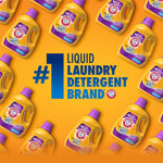 Patterned graphic of multiple yellow Arm & Hammer plus OxiClean detergent bottles with bold #1 liquid laundry detergent brand text