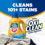 Promotional graphic with an Arm & Hammer plus OxiClean bottle, stained clothing and headline 'Cleans 101+ Stains'