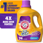 Yellow Arm & Hammer plus OxiClean liquid detergent bottle with purple cap and Fresh Burst label on white background with promotional banner.