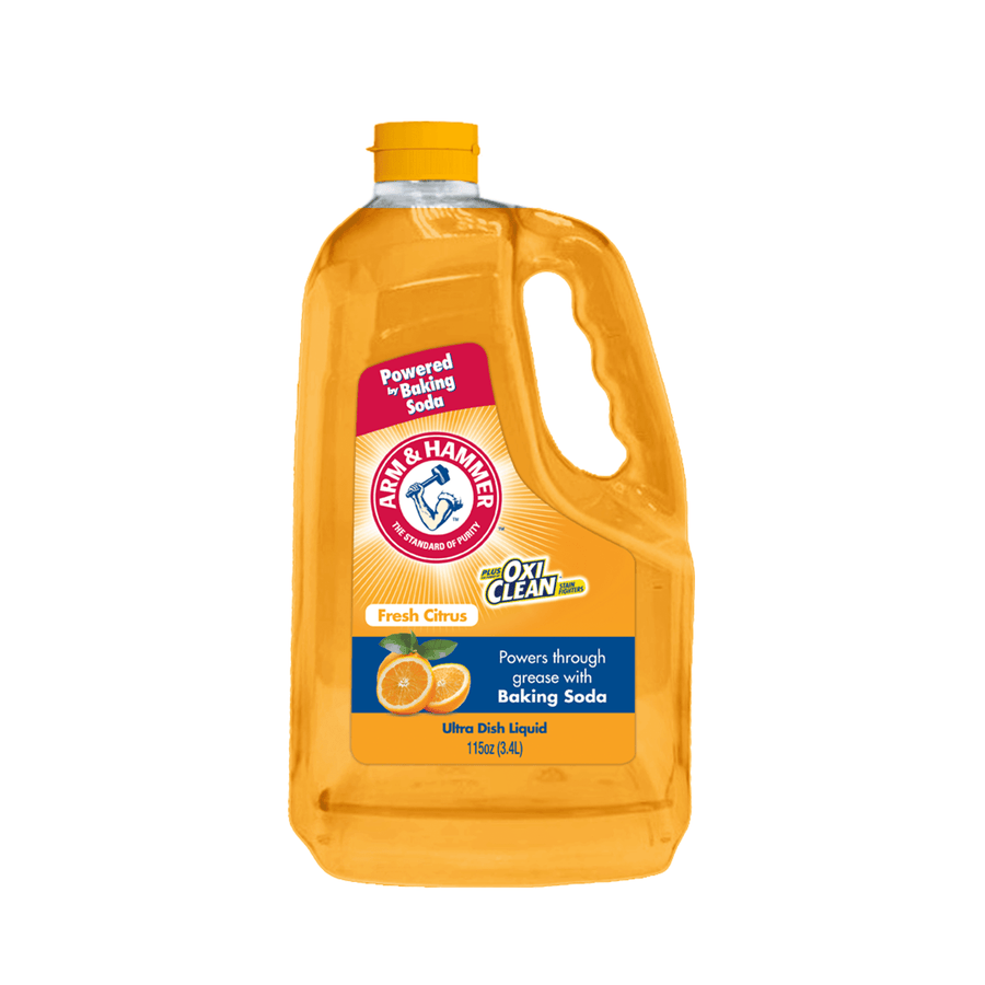 Front view of an Arm & Hammer + OxiClean Fresh Citrus dish liquid bottle with orange-yellow liquid and label.