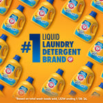 Patterned layout of multiple yellow Arm & Hammer plus OxiClean detergent bottles on an orange background with #1 liquid laundry claim