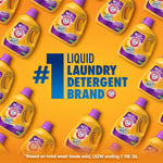 Patterned layout of multiple yellow Arm & Hammer plus OxiClean detergent bottles surrounding bold text claiming #1 liquid laundry detergent brand.