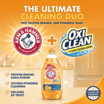 Promotional graphic pairing Arm & Hammer and OxiClean logos with a bottle of Fresh Citrus dish liquid and key benefits.