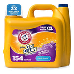 Yellow Arm & Hammer plus OxiClean liquid laundry detergent jug with purple label and 154 loads callout