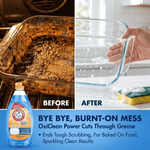 Split before-and-after image of a burnt-on baking dish and a clean glass dish with Arm & Hammer dish soap inset.