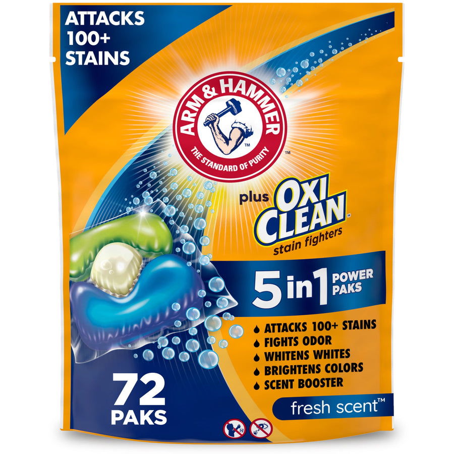 Front-facing pack of ARM & HAMMER plus OxiClean 5-in-1 power paks with bright orange background and 72 paks callout