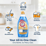 Arm & Hammer + OxiClean Ocean Fresh bottle centered with icons showing uses like dishes, floors, pet accessories and laundry pre-treat.