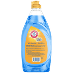 Back view of a clear blue Arm & Hammer + OxiClean Ocean Fresh dish soap bottle showing ingredient and direction text.