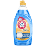Clear blue Arm & Hammer + OxiClean Ocean Fresh dish soap bottle with yellow cap and visible front label.