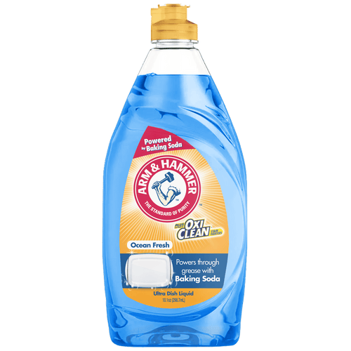 Clear blue Arm & Hammer + OxiClean Ocean Fresh dish soap bottle with yellow cap and visible front label.