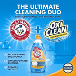Promotional graphic showing Arm & Hammer and OxiClean logos with a bottle of blue dish soap and marketing text.