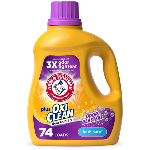 Yellow Arm & Hammer plus OxiClean liquid detergent bottle with purple cap and Fresh Burst label