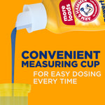 Graphic of detergent being poured from a yellow Arm & Hammer bottle into a translucent yellow measuring cap with dosing text.