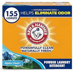 Front-facing Arm & Hammer powder laundry detergent box in yellow-orange with Alpine Clean graphics