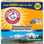 Spanish-labeled Arm & Hammer powder laundry detergent box with mountain Alpine Clean artwork and 155 loads badge