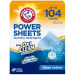 Front-facing ARM & HAMMER Power Sheets box with OxiClean logo and 'clean cotton' scent label