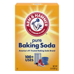 Front-facing Arm & Hammer pure Baking Soda box with sunburst logo, product name and small icons on yellow background.