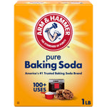 Bright yellow Arm & Hammer pure baking soda box with brand logo, cookies, measuring cup and '1 LB' label