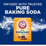 Arm & Hammer branded pure baking soda box shown on a blue background with sparkling powder accent and product benefits text