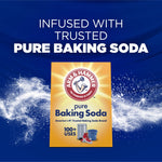 Graphic showing an Arm & Hammer baking soda box with dusting effect and copy stating the product is infused with pure baking soda