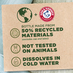 Recycled‑material label with Arm & Hammer logo stating bottle made from 50% recycled materials and other claims
