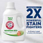 ARM & HAMMER Sensitive Skin detergent bottle at left with bold text “2X powerful stain fighters” on textured background