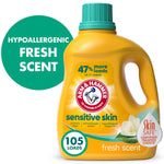 Yellow ARM & HAMMER Sensitive Skin liquid detergent bottle with green cap and 105 loads badge