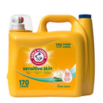 Yellow Arm & Hammer Sensitive Skin laundry detergent jug with handle and label showing Skin Safe badge and 170 loads claim