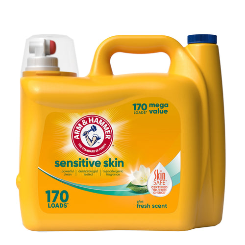 Yellow Arm & Hammer Sensitive Skin laundry detergent jug with handle and label showing Skin Safe badge and 170 loads claim