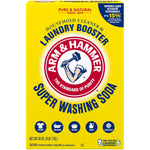Bright yellow Arm & Hammer Super Washing Soda box front showing brand logo and product name