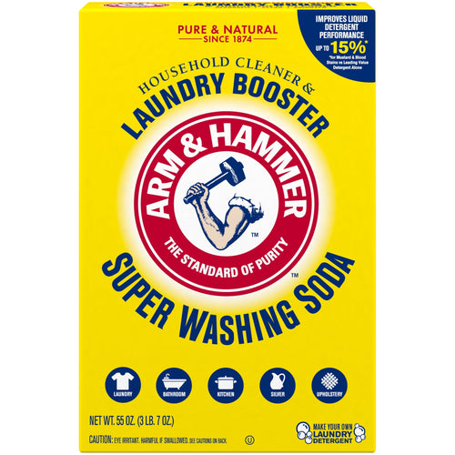 Bright yellow Arm & Hammer Super Washing Soda box front showing brand logo and product name
