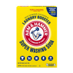 Tall yellow Arm & Hammer Super Washing Soda package front with logo and usage icons at bottom