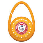 Orange teardrop-shaped clip deodorizer with Arm & Hammer logo centered on a white background.