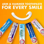 Smiling toothpaste swash above various Arm & Hammer toothpaste boxes on an orange background promoting the brand