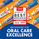 Assorted Arm & Hammer toothpaste tubes arranged around a Time World's Best Brands 2025 badge on orange background