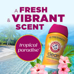 Arm & Hammer Clean Scentsations Tropical Paradise bottle over beach background with headline about a fresh vibrant scent