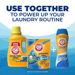 Promotional panel showing Arm & Hammer detergent bottle, Power Paks pouch and scent booster can with headline 'USE TOGETHER'.