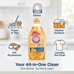 Infographic-style image with an Arm & Hammer + OxiClean bottle and icons for dishes, floors, kitchen surfaces, pet items and laundry.