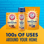 Assortment of Arm & Hammer baking soda formats on yellow and blue background with large text promoting hundreds of uses.