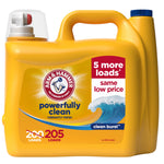 Yellow Arm & Hammer liquid laundry detergent jug with handle and label reading powerfully clean and clean burst wave graphic