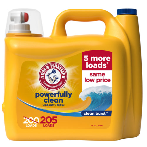 Yellow Arm & Hammer liquid laundry detergent jug with handle and label reading powerfully clean and clean burst wave graphic