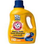 Yellow ARM & HAMMER laundry detergent jug with blue cap and label reading Baking Soda Fresh Detergent, 110 loads.