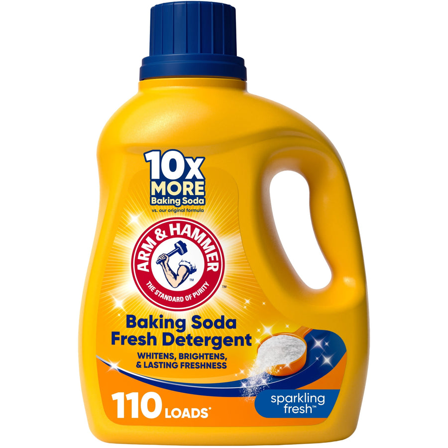 Yellow ARM & HAMMER laundry detergent jug with blue cap and label reading Baking Soda Fresh Detergent, 110 loads.