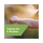 Arm being sprayed with aerosol mist overlaid with green banner reading fragrance-free & non-greasy