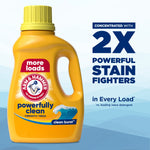 Single ARM & HAMMER Clean Burst detergent bottle next to text claiming 2X powerful stain fighters on light blue background