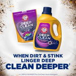 Arm & Hammer Deep Clean liquid detergent bottle shown with a pouch of detergent pods and marketing text on white background