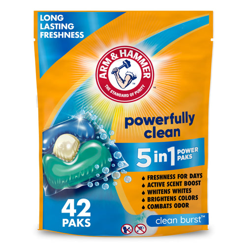 Front-facing Arm & Hammer Clean Burst 5-in-1 Power Paks pouch with logo and 42 paks callout