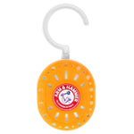 Single orange Arm & Hammer Closet Mate hanging deodorizer with white hook on a clean white background
